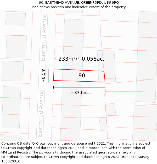 90, EASTMEAD AVENUE, GREENFORD, UB6 9RG: Plot and title map