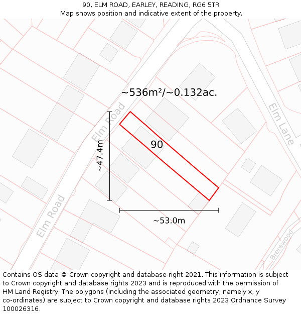 90, ELM ROAD, EARLEY, READING, RG6 5TR: Plot and title map