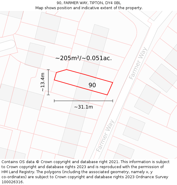 90, FARMER WAY, TIPTON, DY4 0BL: Plot and title map