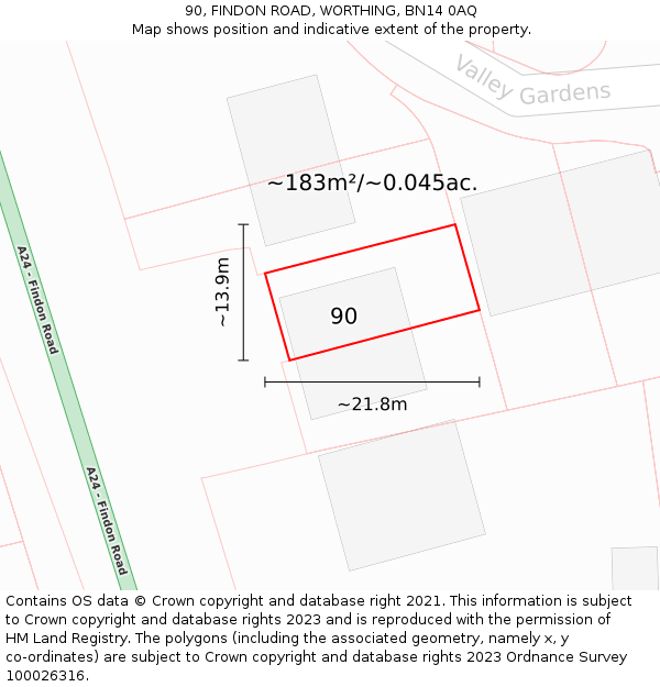90, FINDON ROAD, WORTHING, BN14 0AQ: Plot and title map