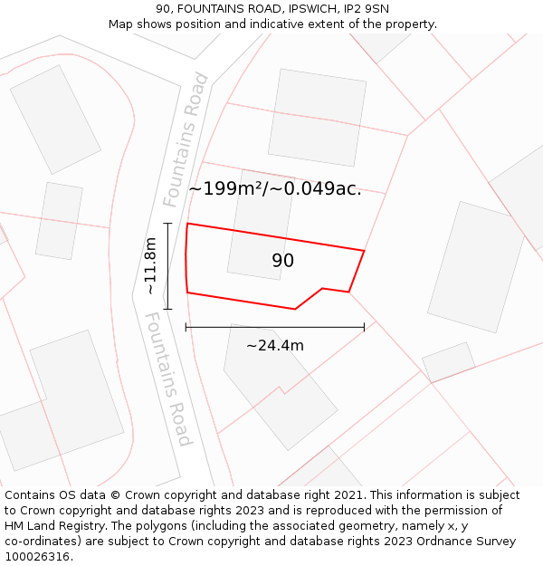 90, FOUNTAINS ROAD, IPSWICH, IP2 9SN: Plot and title map