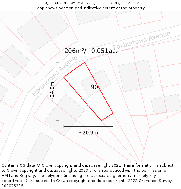 90, FOXBURROWS AVENUE, GUILDFORD, GU2 8HZ: Plot and title map