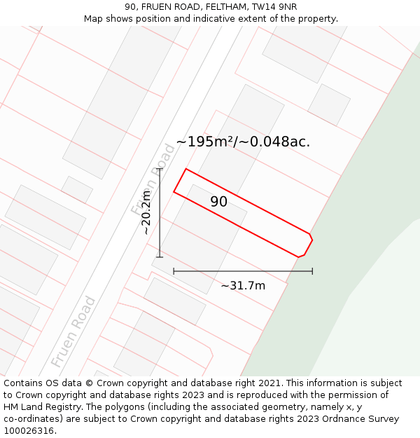 90, FRUEN ROAD, FELTHAM, TW14 9NR: Plot and title map