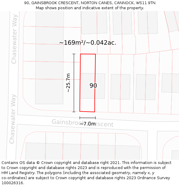 90, GAINSBROOK CRESCENT, NORTON CANES, CANNOCK, WS11 9TN: Plot and title map