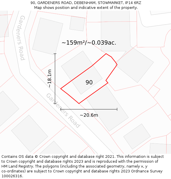 90, GARDENERS ROAD, DEBENHAM, STOWMARKET, IP14 6RZ: Plot and title map