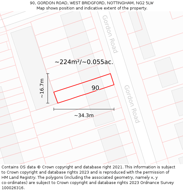 90, GORDON ROAD, WEST BRIDGFORD, NOTTINGHAM, NG2 5LW: Plot and title map