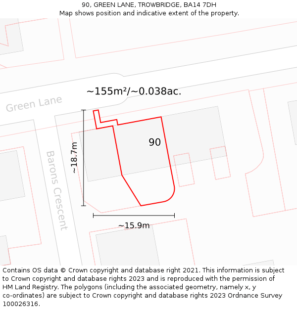 90, GREEN LANE, TROWBRIDGE, BA14 7DH: Plot and title map