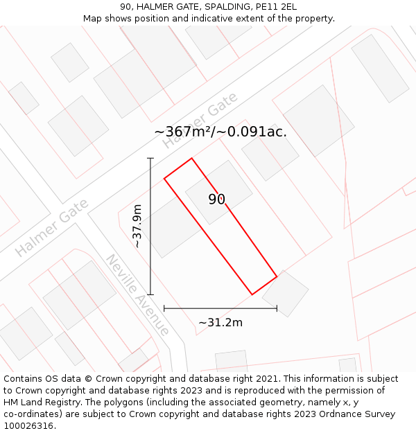 90, HALMER GATE, SPALDING, PE11 2EL: Plot and title map