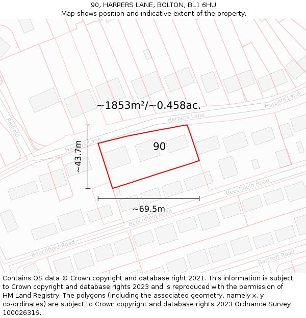 90, HARPERS LANE, BOLTON, BL1 6HU: Plot and title map