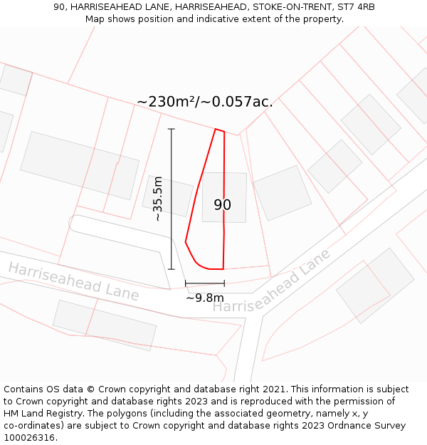 90, HARRISEAHEAD LANE, HARRISEAHEAD, STOKE-ON-TRENT, ST7 4RB: Plot and title map