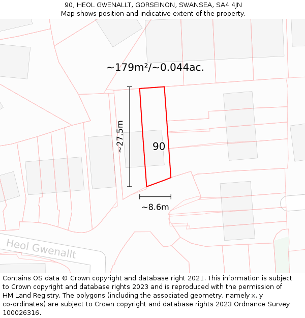 90, HEOL GWENALLT, GORSEINON, SWANSEA, SA4 4JN: Plot and title map