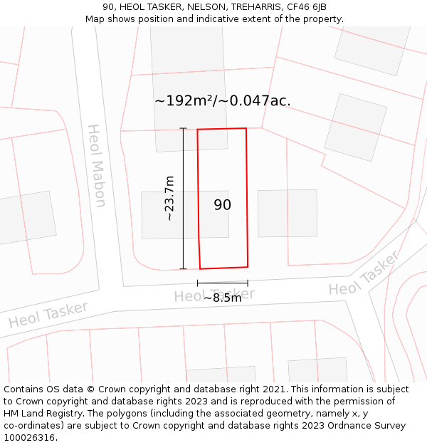 90, HEOL TASKER, NELSON, TREHARRIS, CF46 6JB: Plot and title map