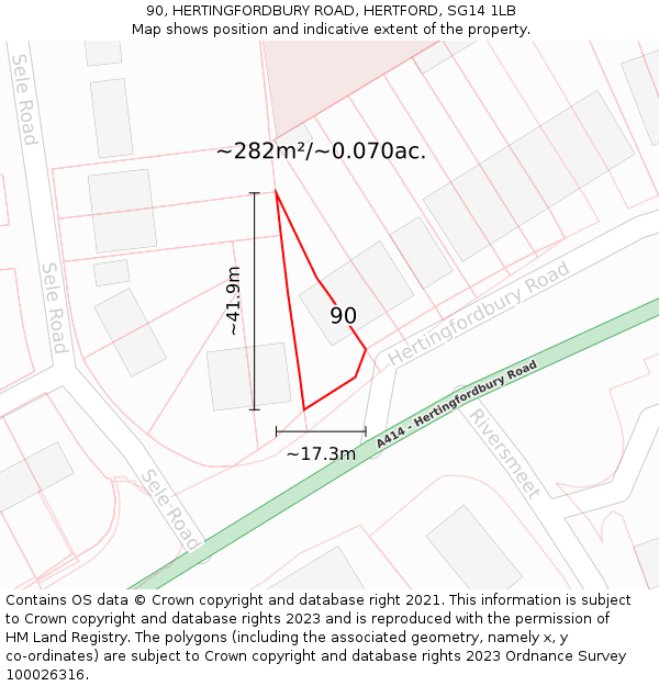 90, HERTINGFORDBURY ROAD, HERTFORD, SG14 1LB: Plot and title map