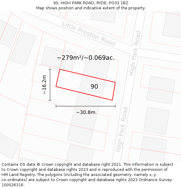 90, HIGH PARK ROAD, RYDE, PO33 1BZ: Plot and title map