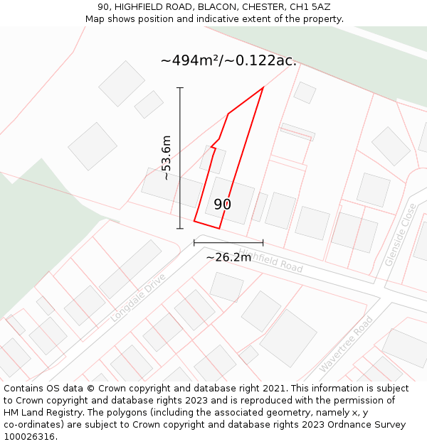 90, HIGHFIELD ROAD, BLACON, CHESTER, CH1 5AZ: Plot and title map