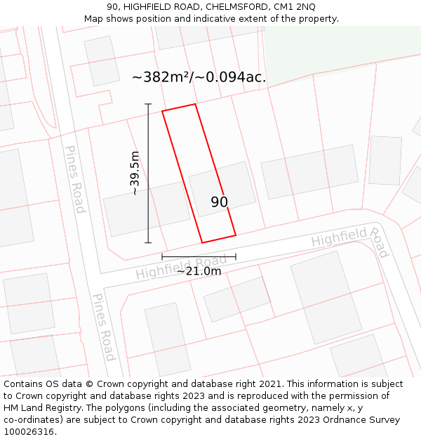 90, HIGHFIELD ROAD, CHELMSFORD, CM1 2NQ: Plot and title map