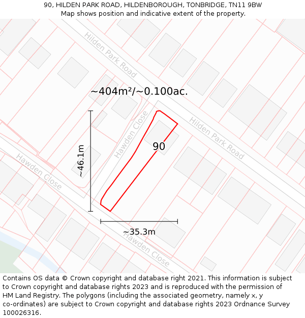 90, HILDEN PARK ROAD, HILDENBOROUGH, TONBRIDGE, TN11 9BW: Plot and title map