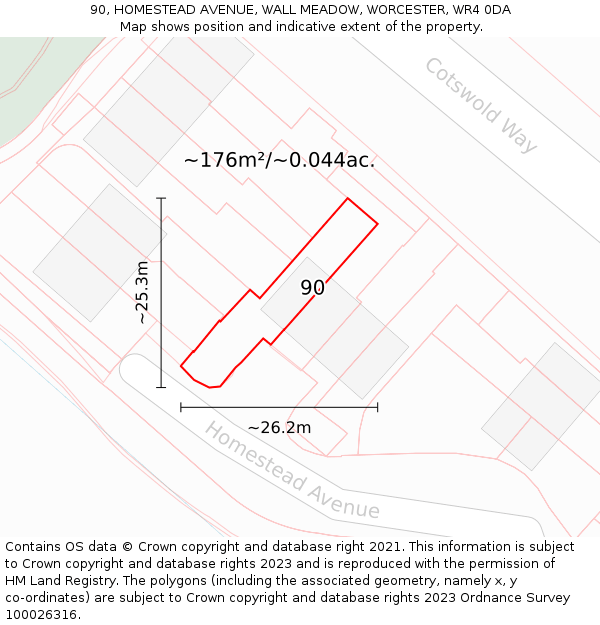 90, HOMESTEAD AVENUE, WALL MEADOW, WORCESTER, WR4 0DA: Plot and title map