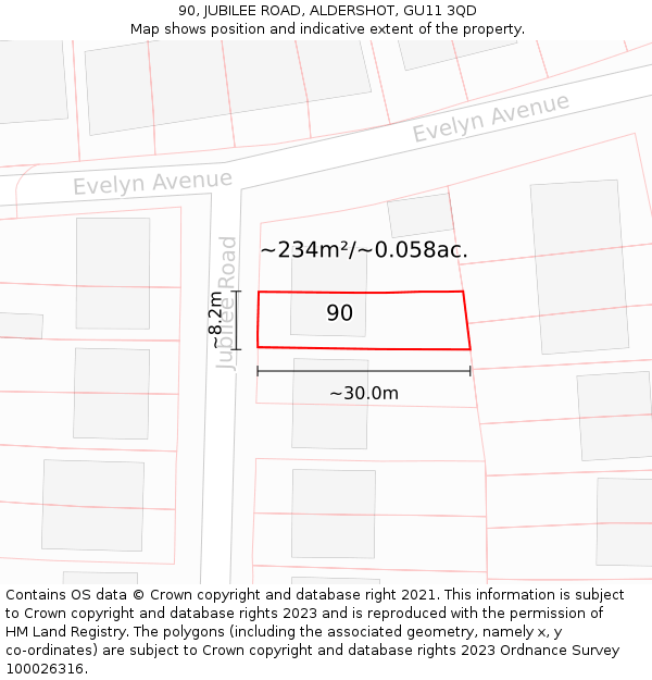 90, JUBILEE ROAD, ALDERSHOT, GU11 3QD: Plot and title map