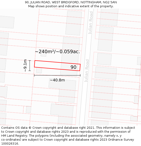 90, JULIAN ROAD, WEST BRIDGFORD, NOTTINGHAM, NG2 5AN: Plot and title map