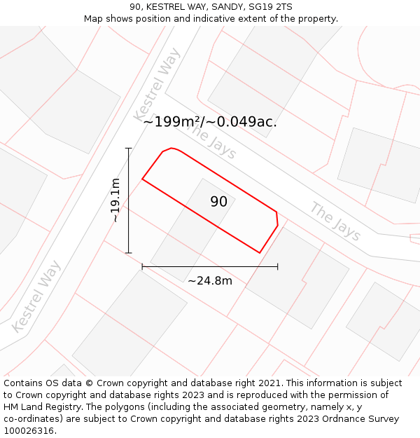 90, KESTREL WAY, SANDY, SG19 2TS: Plot and title map