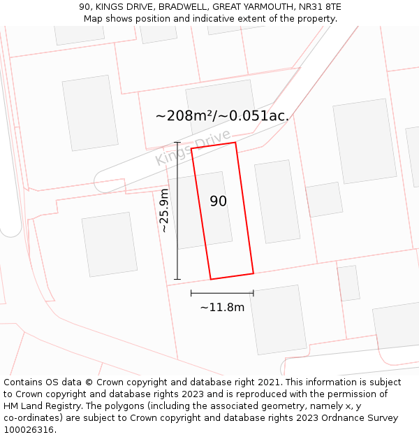 90, KINGS DRIVE, BRADWELL, GREAT YARMOUTH, NR31 8TE: Plot and title map