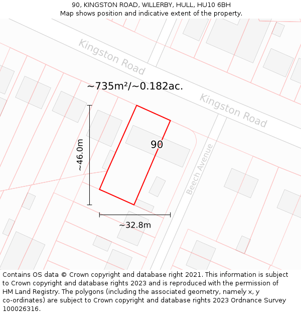 90, KINGSTON ROAD, WILLERBY, HULL, HU10 6BH: Plot and title map