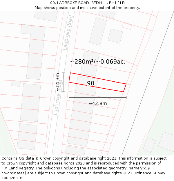 90, LADBROKE ROAD, REDHILL, RH1 1LB: Plot and title map