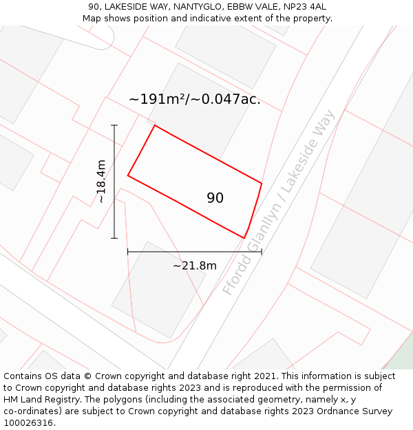 90, LAKESIDE WAY, NANTYGLO, EBBW VALE, NP23 4AL: Plot and title map