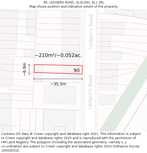 90, LEDGERS ROAD, SLOUGH, SL1 2RL: Plot and title map