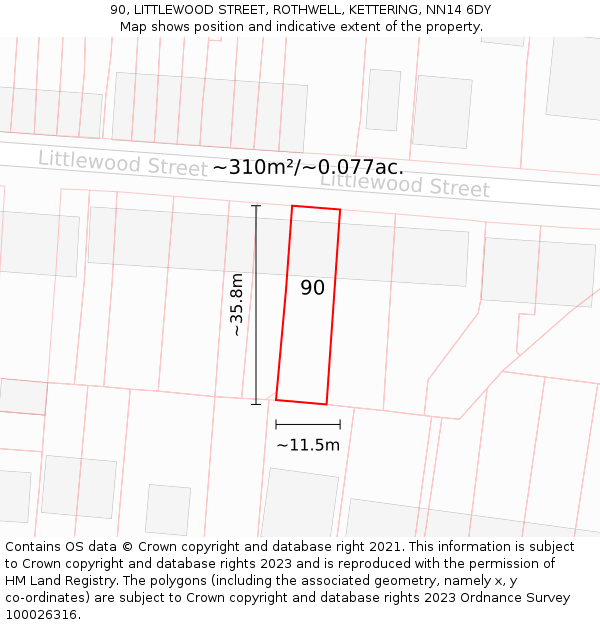 90, LITTLEWOOD STREET, ROTHWELL, KETTERING, NN14 6DY: Plot and title map