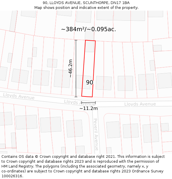 90, LLOYDS AVENUE, SCUNTHORPE, DN17 1BA: Plot and title map