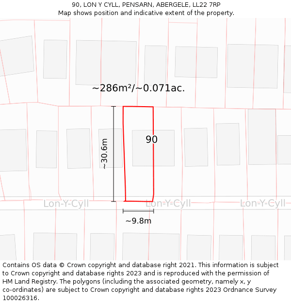 90, LON Y CYLL, PENSARN, ABERGELE, LL22 7RP: Plot and title map