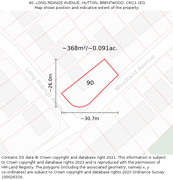 90, LONG RIDINGS AVENUE, HUTTON, BRENTWOOD, CM13 1EG: Plot and title map