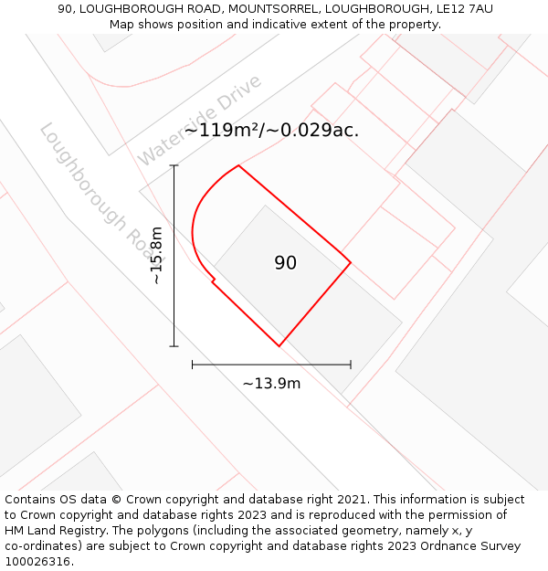 90, LOUGHBOROUGH ROAD, MOUNTSORREL, LOUGHBOROUGH, LE12 7AU: Plot and title map