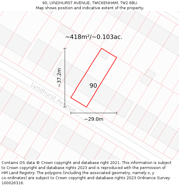 90, LYNDHURST AVENUE, TWICKENHAM, TW2 6BU: Plot and title map