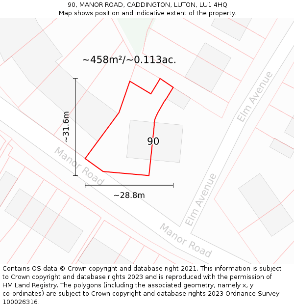 90, MANOR ROAD, CADDINGTON, LUTON, LU1 4HQ: Plot and title map