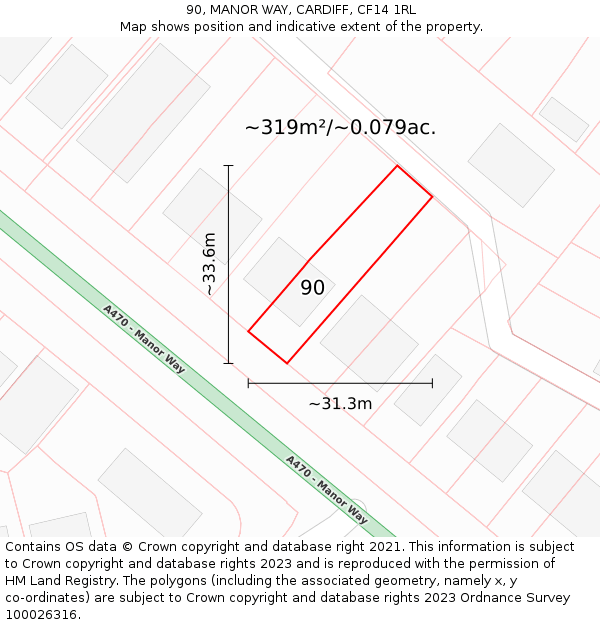 90, MANOR WAY, CARDIFF, CF14 1RL: Plot and title map