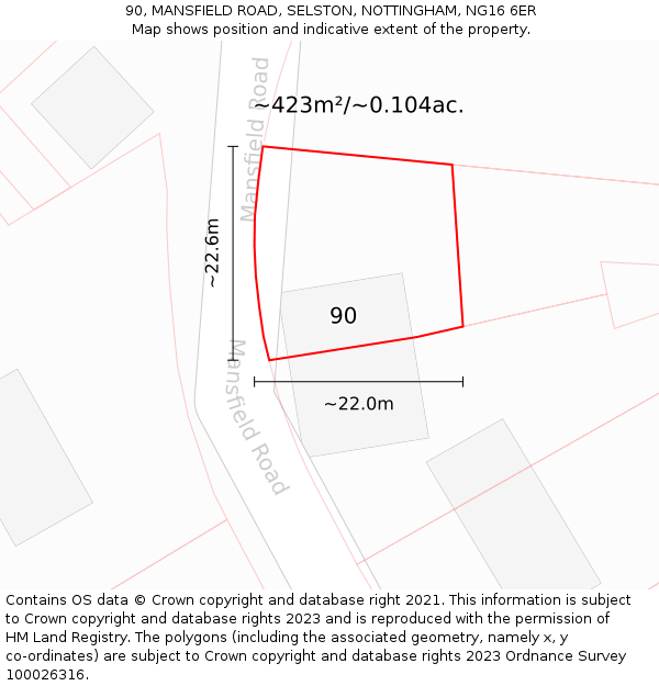 90, MANSFIELD ROAD, SELSTON, NOTTINGHAM, NG16 6ER: Plot and title map