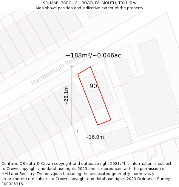 90, MARLBOROUGH ROAD, FALMOUTH, TR11 3LW: Plot and title map