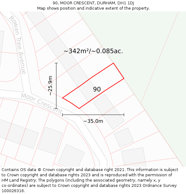 90, MOOR CRESCENT, DURHAM, DH1 1DJ: Plot and title map