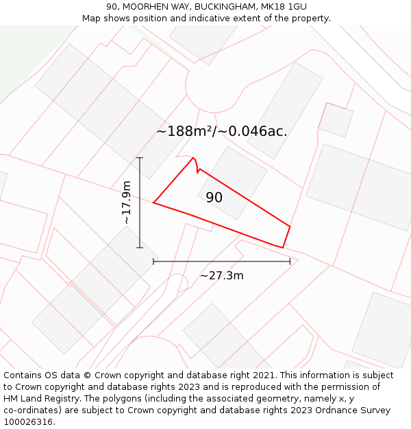 90, MOORHEN WAY, BUCKINGHAM, MK18 1GU: Plot and title map