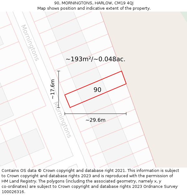 90, MORNINGTONS, HARLOW, CM19 4QJ: Plot and title map