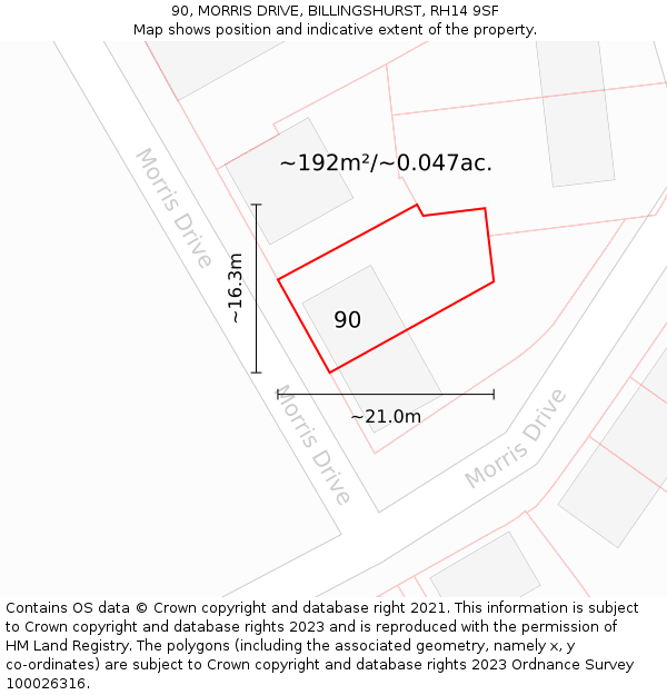 90, MORRIS DRIVE, BILLINGSHURST, RH14 9SF: Plot and title map