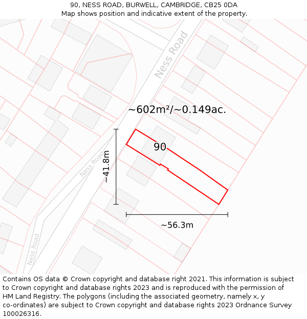 90, NESS ROAD, BURWELL, CAMBRIDGE, CB25 0DA: Plot and title map