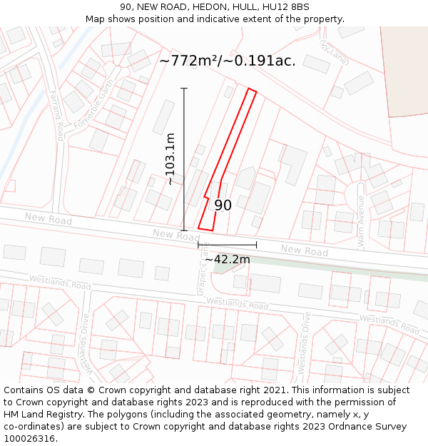 90, NEW ROAD, HEDON, HULL, HU12 8BS: Plot and title map