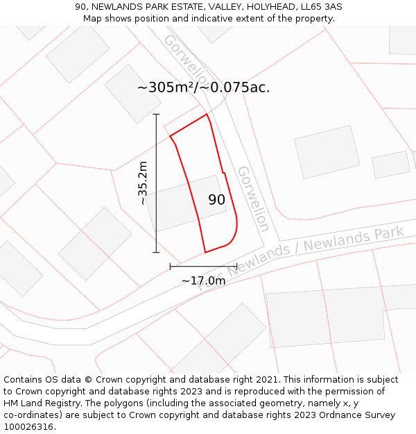 90, NEWLANDS PARK ESTATE, VALLEY, HOLYHEAD, LL65 3AS: Plot and title map