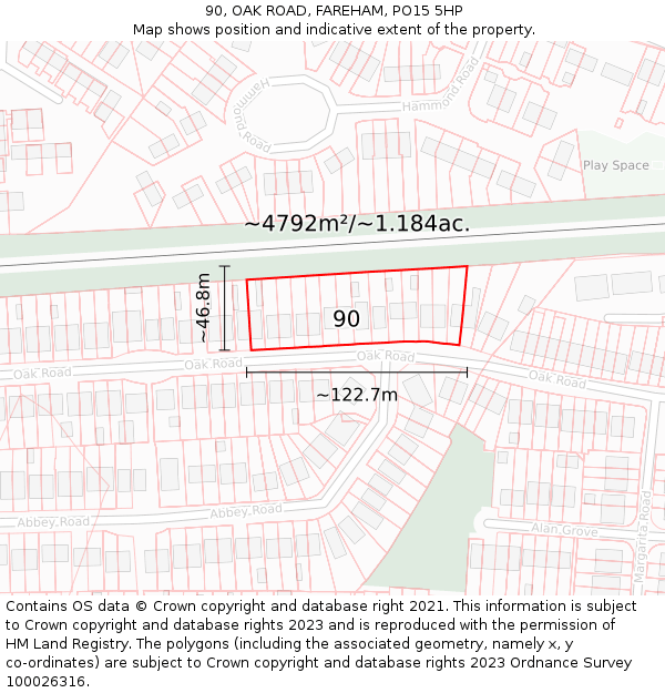 90, OAK ROAD, FAREHAM, PO15 5HP: Plot and title map