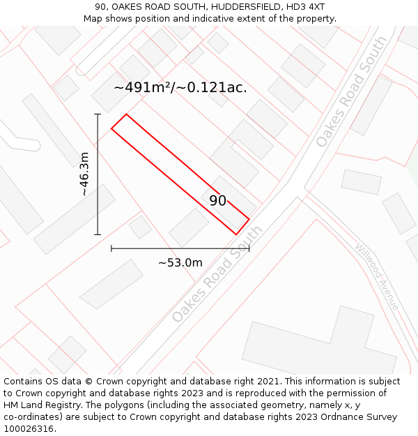 90, OAKES ROAD SOUTH, HUDDERSFIELD, HD3 4XT: Plot and title map