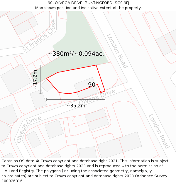 90, OLVEGA DRIVE, BUNTINGFORD, SG9 9FJ: Plot and title map